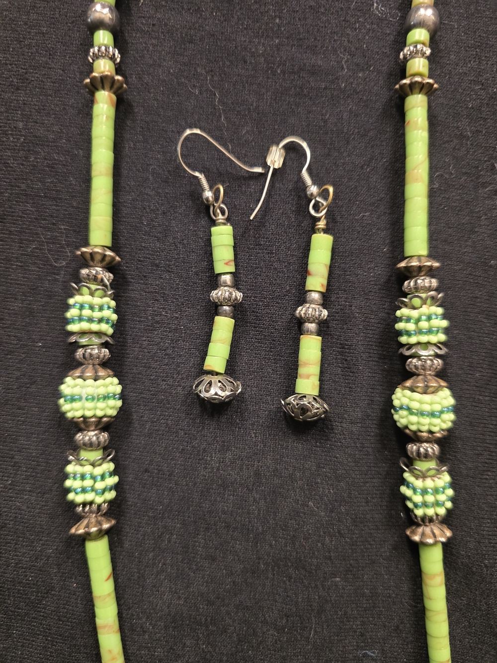 Green Beaded Necklace and Earrings Set - Lightweight Women Jewelry